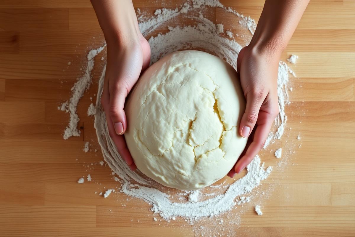 Hands shaping a round of sourdough dough on a floured wooden surface